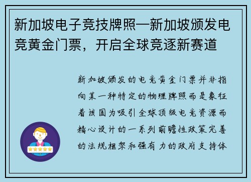 新加坡电子竞技牌照—新加坡颁发电竞黄金门票，开启全球竞逐新赛道
